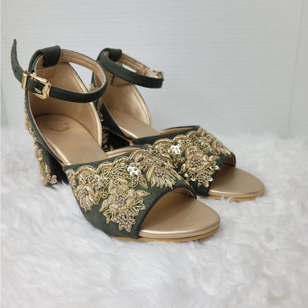 Green Handmade Bridal Heels, Zari Work Heels  Weeding Shoes